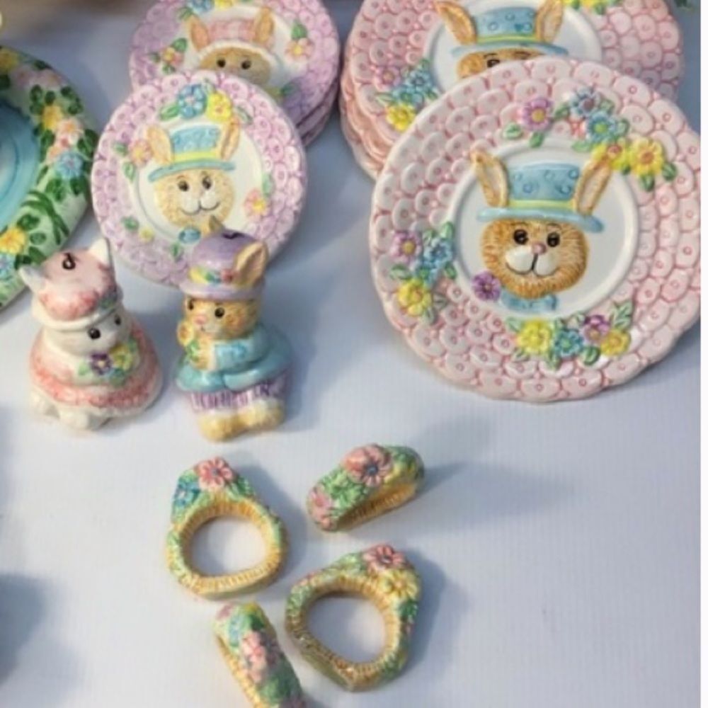 1994 Mercuries Ceramic Springtime Easter Bunny Tea Set 